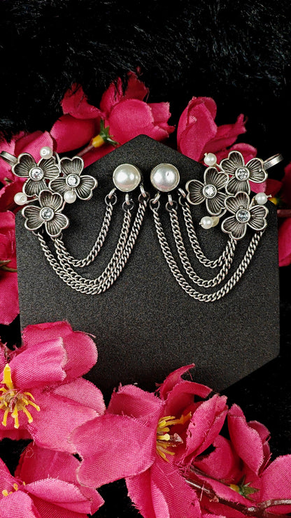 Oxidized Silver Floral Chain Ear Cuffs With Pearls