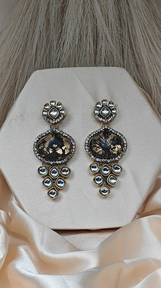 Luxury kundan studded earrings with black mirror stone