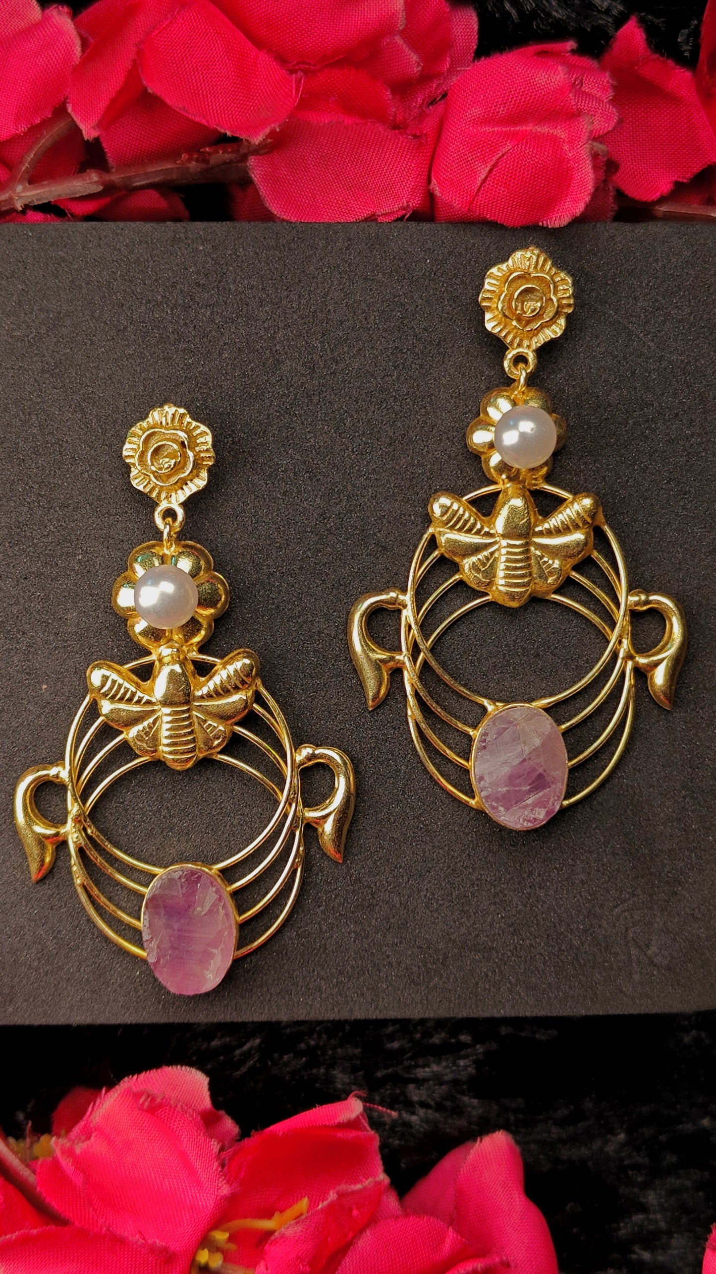 Gold-Plated Bee Motif Earrings With Pearl & Amethyst Stones