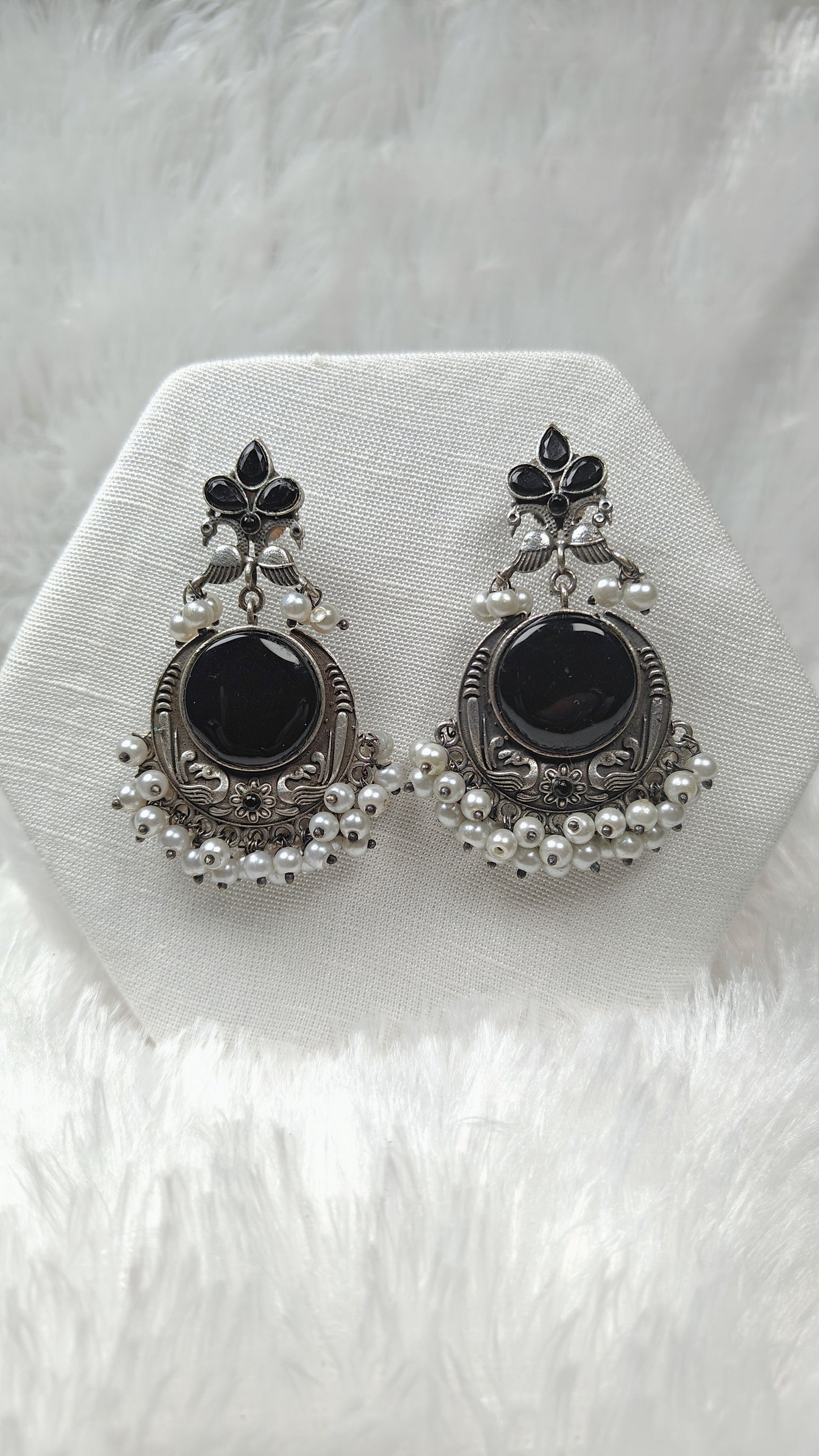 Oxidized Silver Black Stone Chandbali Earrings with Pearl Drops