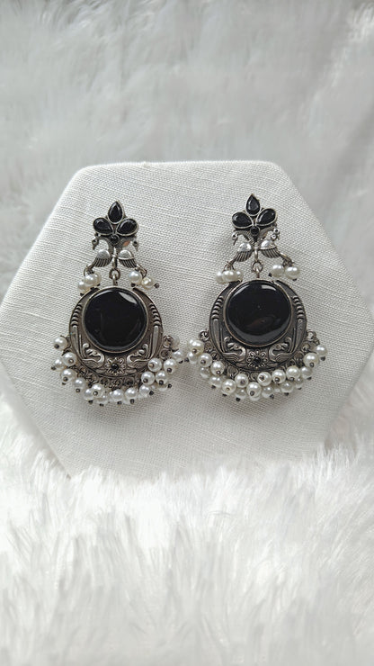 Oxidized Silver Black Stone Chandbali Earrings with Pearl Drops