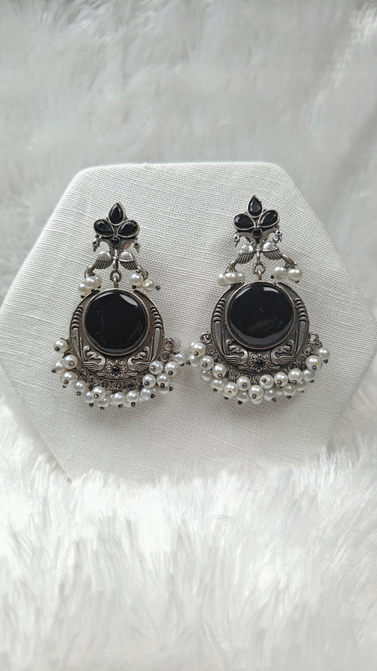 Oxidized Silver Black Stone Chandbali Earrings with Pearl Drops