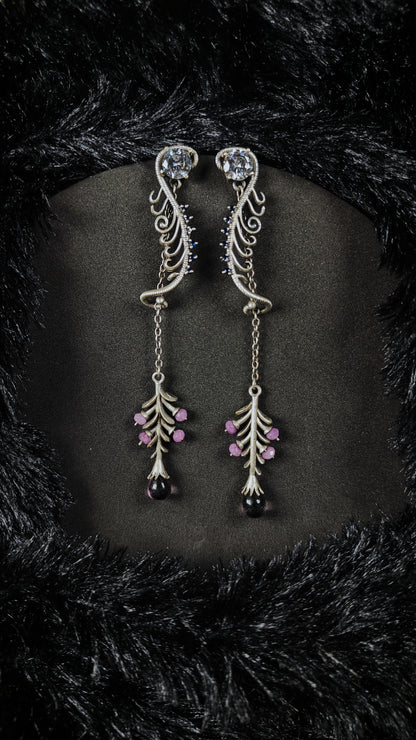Blue blossom vine earrings - silver long drop floral earrings