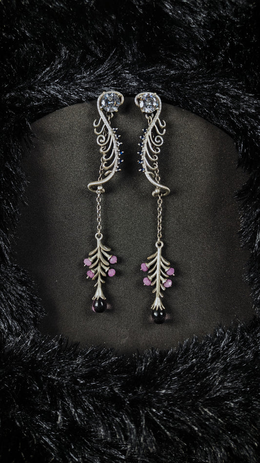 Blue blossom vine earrings - silver long drop floral earrings