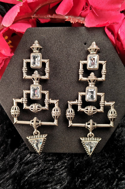 Silver Tribal Dangle Earrinngs With MIrror Stones