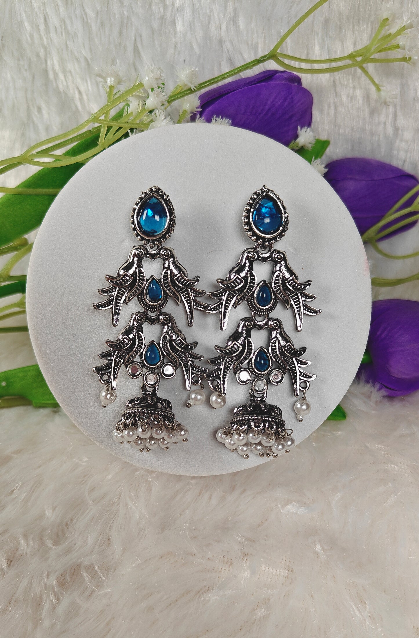 Ocean-blue Sparrow Cascade Oxidised Jhumka Earrings