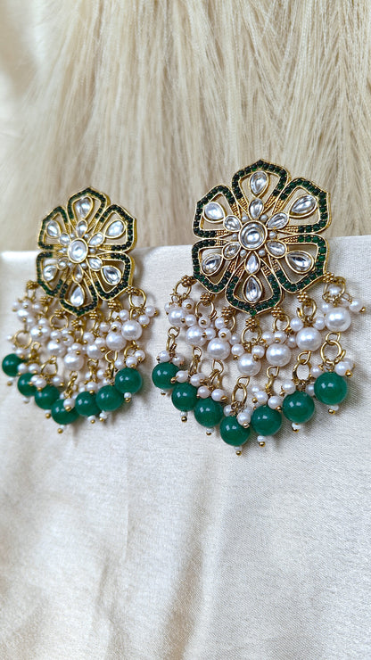 Emerald green kundan floral pearl chandbali earrings