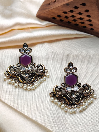 Golden peacock earrings with purple stone & pearl drops