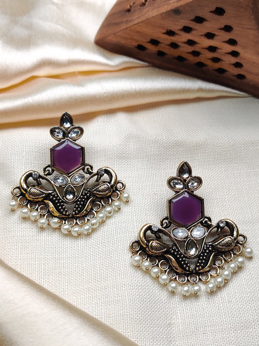Golden peacock earrings with purple stone & pearl drops