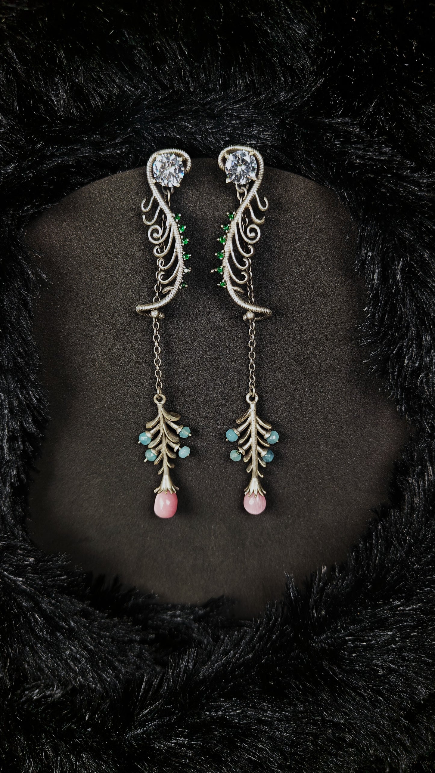 Emerald pink cascade earrings - silver long drop floral earrings