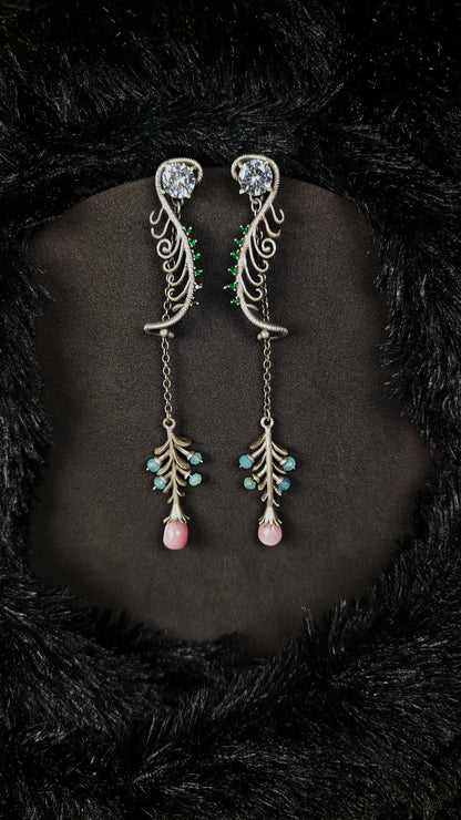 Emerald pink cascade earrings - silver long drop floral earrings