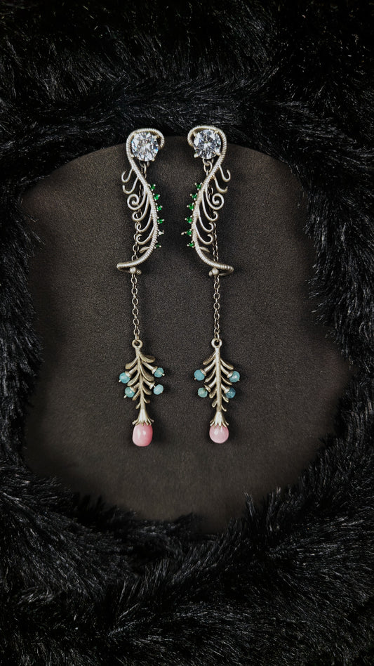 Emerald pink cascade earrings - silver long drop floral earrings