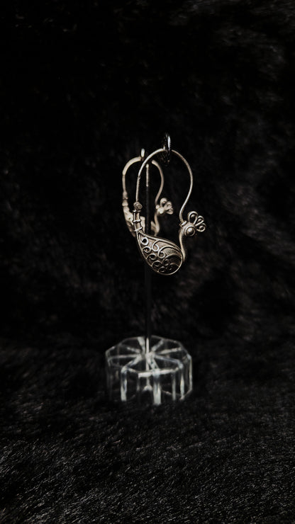 Oxidised silver peacock loop earrings
