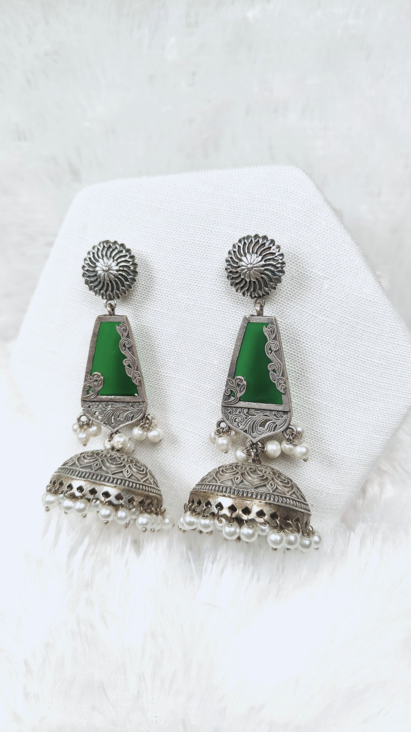 Silver Green Stone Jhumka Earrings With Pearl Drops