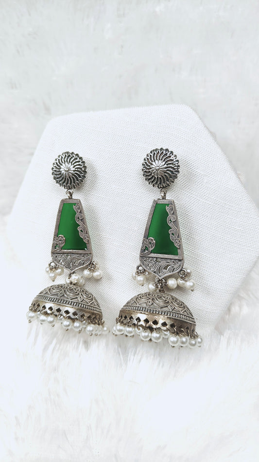 Silver Green Stone Jhumka Earrings With Pearl Drops