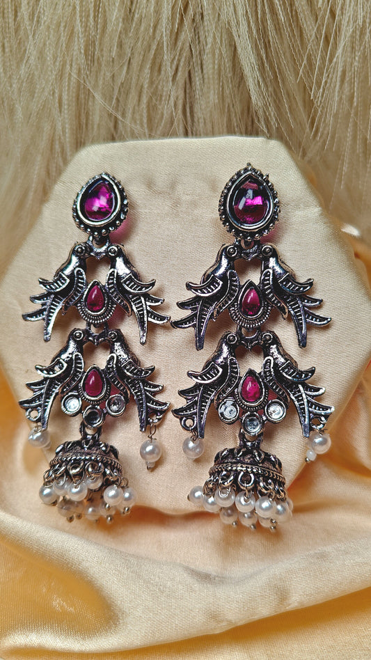 Pink Sparrow Cascade Oxidised Jhumka Earrings