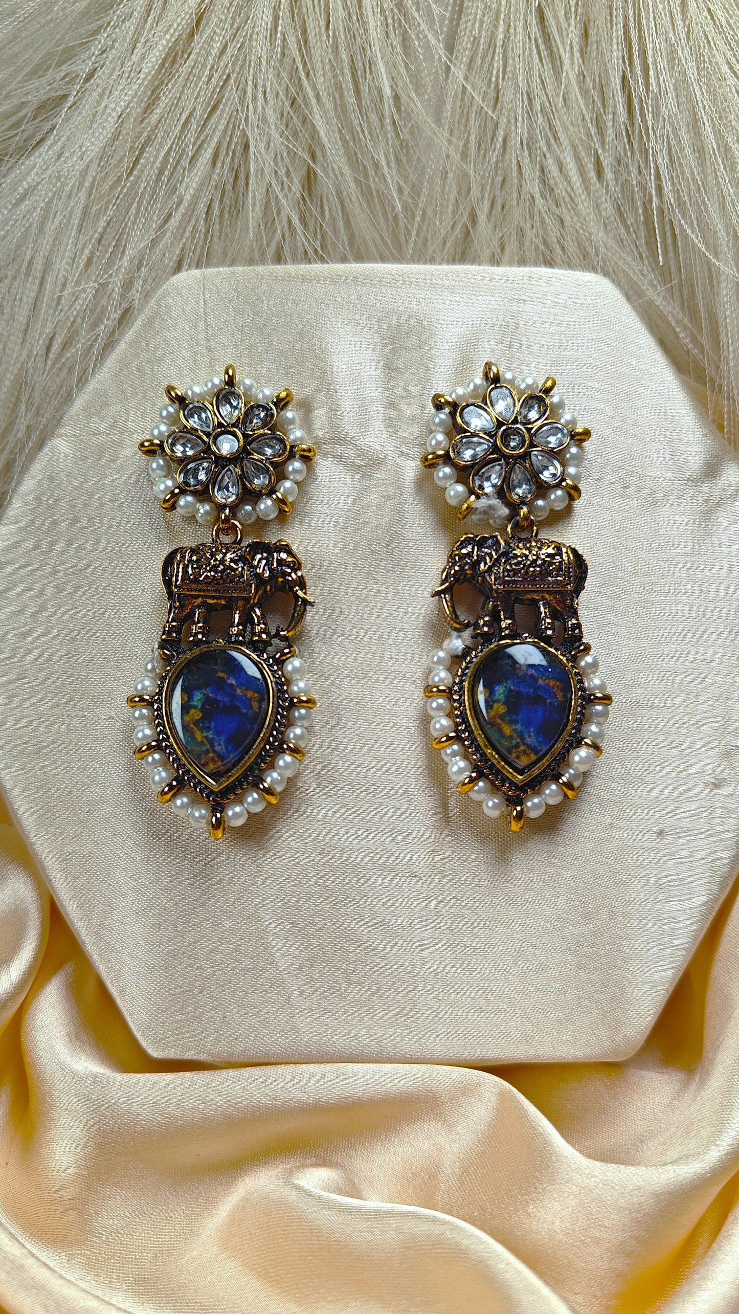 Blue stone kundan pearl antique chandbali earrings