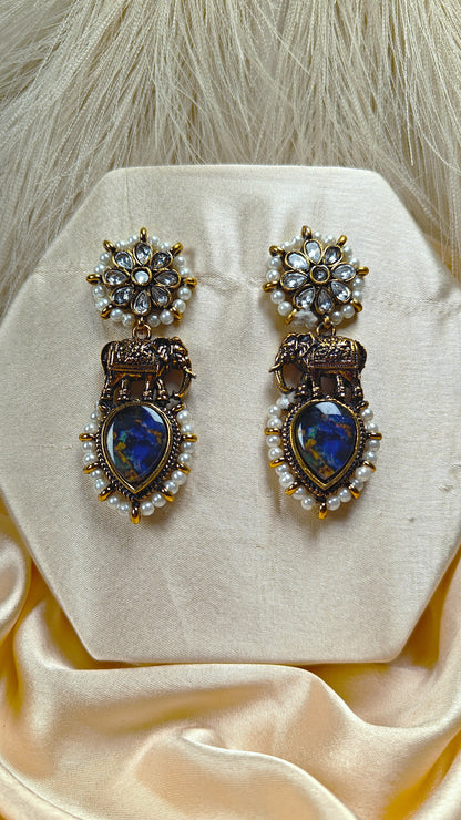 Blue stone kundan pearl antique chandbali earrings