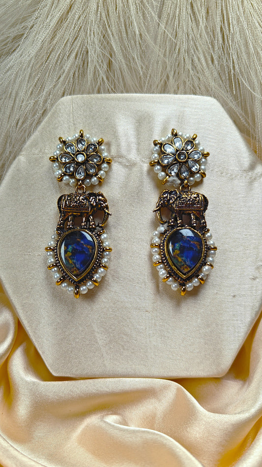 Blue stone kundan pearl antique chandbali earrings