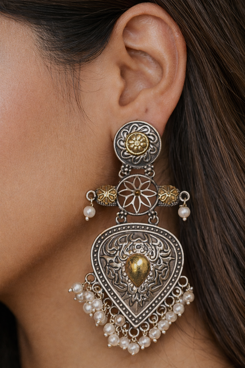 Dual Wing Earrings With Pearl Drops