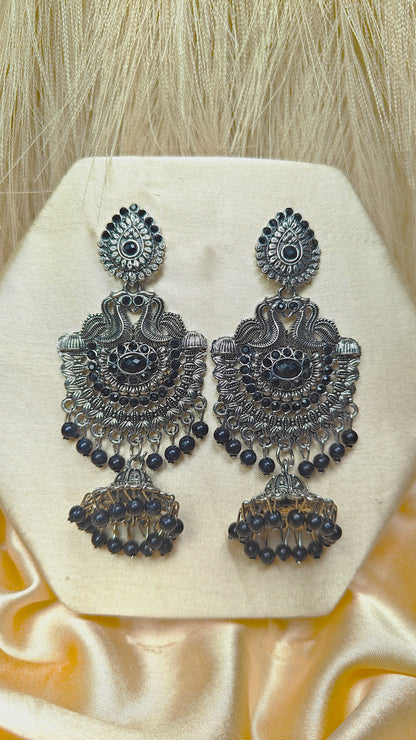 Noir Royale Oxidised Black Stone Chandbali Jhumka Earrings