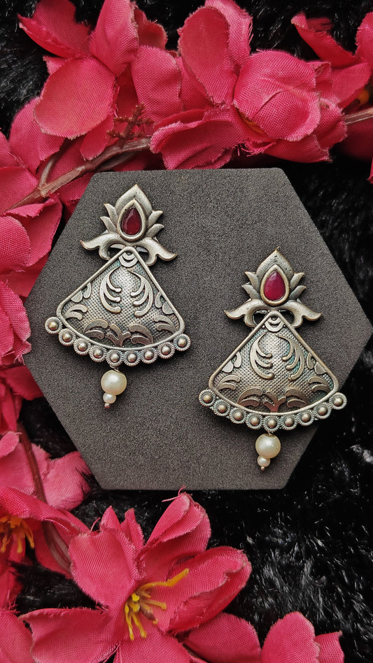 Meher Lotus Shield Oxidised Earrings with Pearl Drop