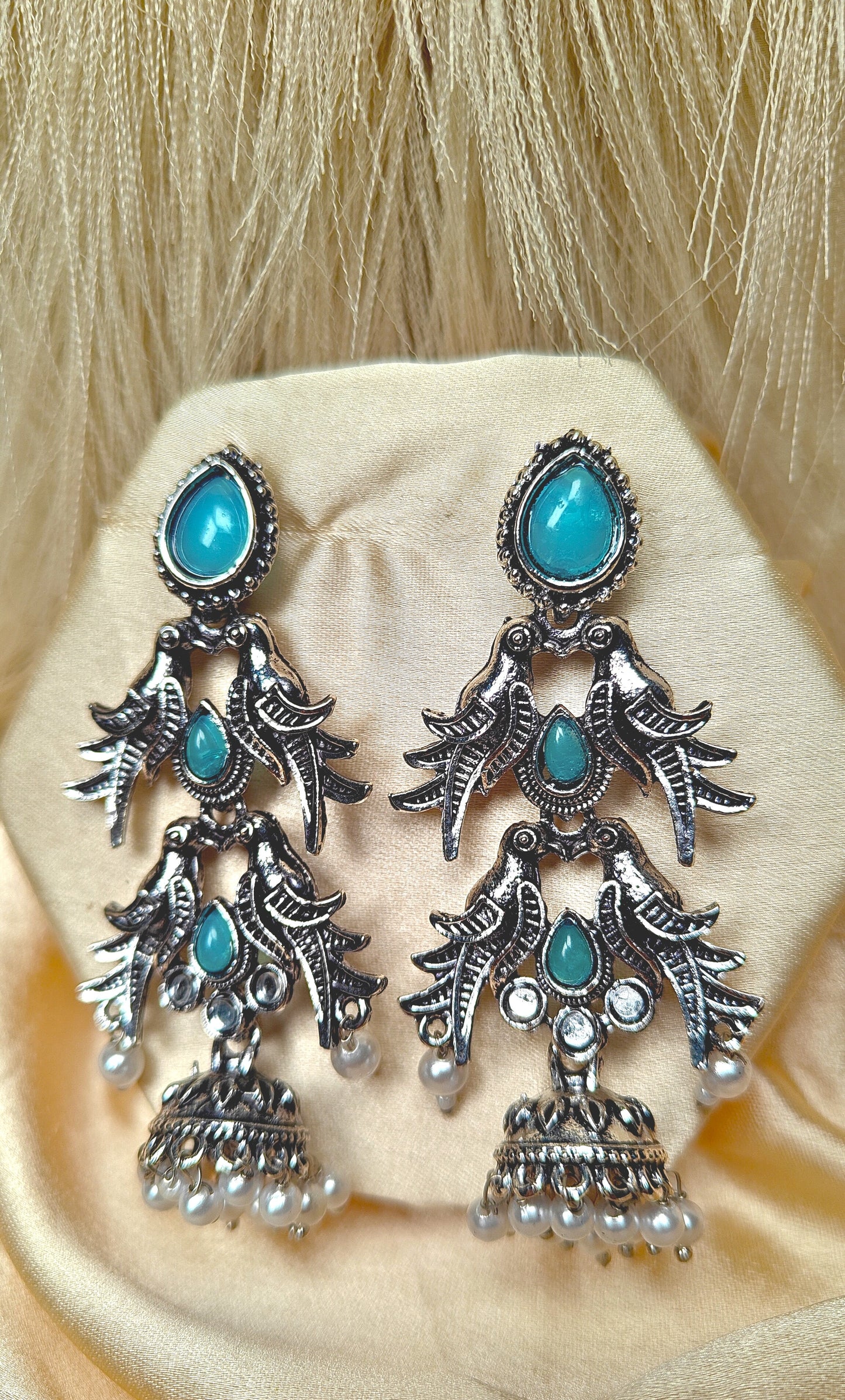 Blue Sparrow Cascade Oxidised Jhumka Earrings