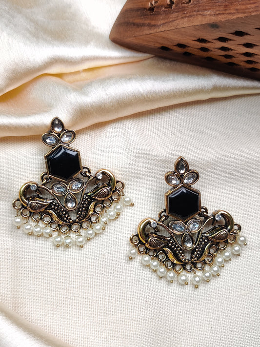 Golden peacock earrings with black stone & pearl drops