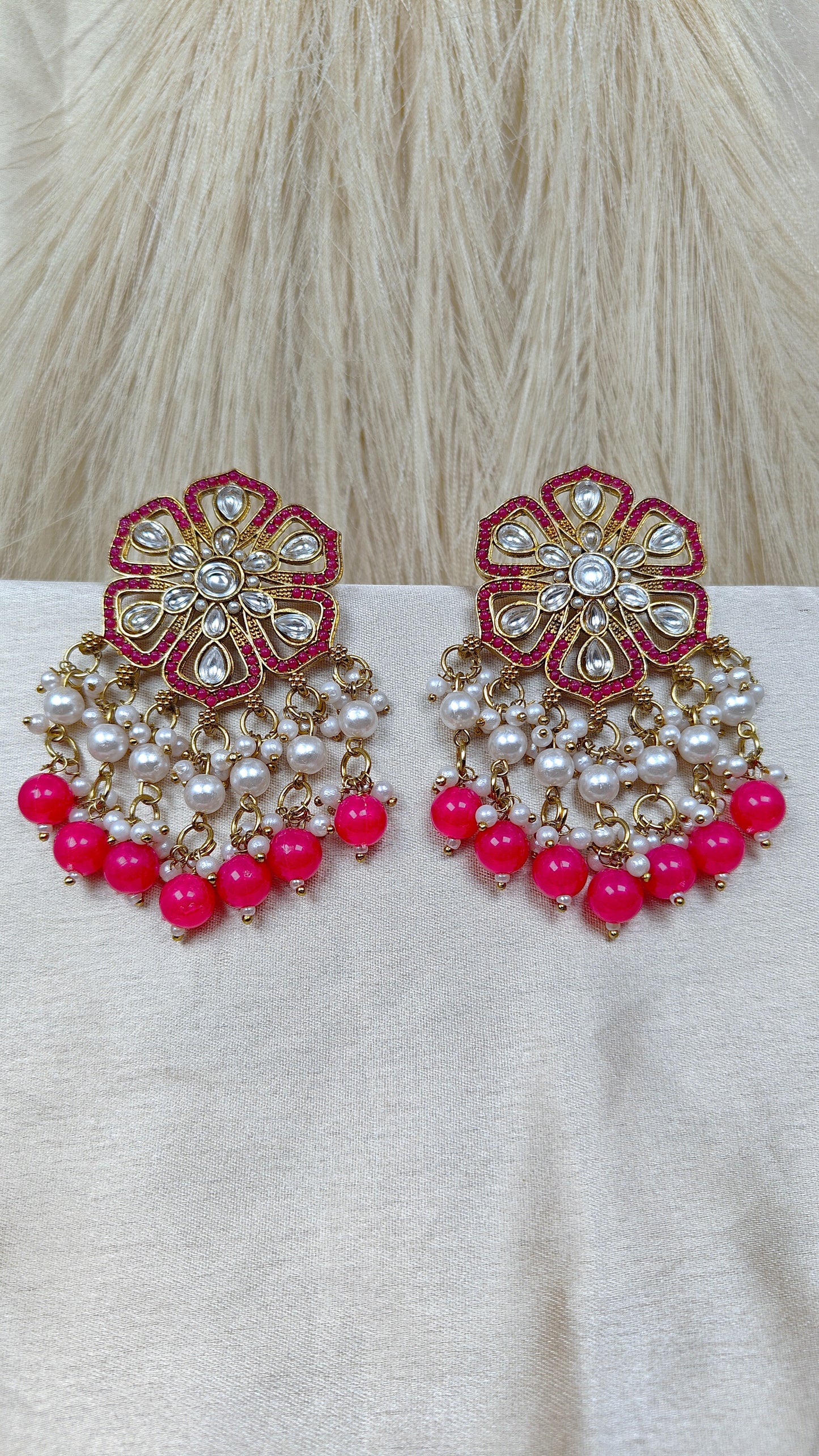 Rose pink kundan floral pearl chandbali earrings