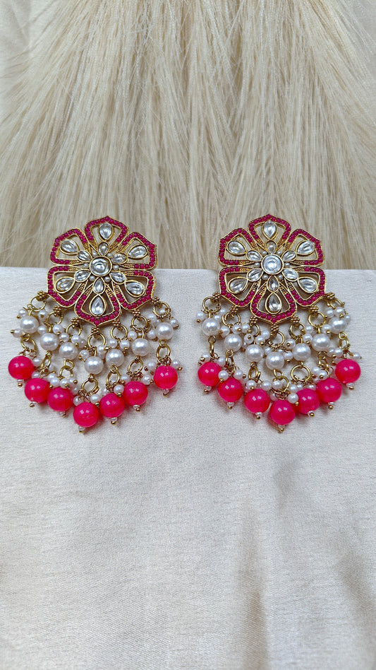 Rose pink kundan floral pearl chandbali earrings