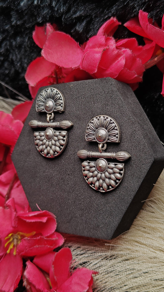 Oxidized silver half-moon floral earrings