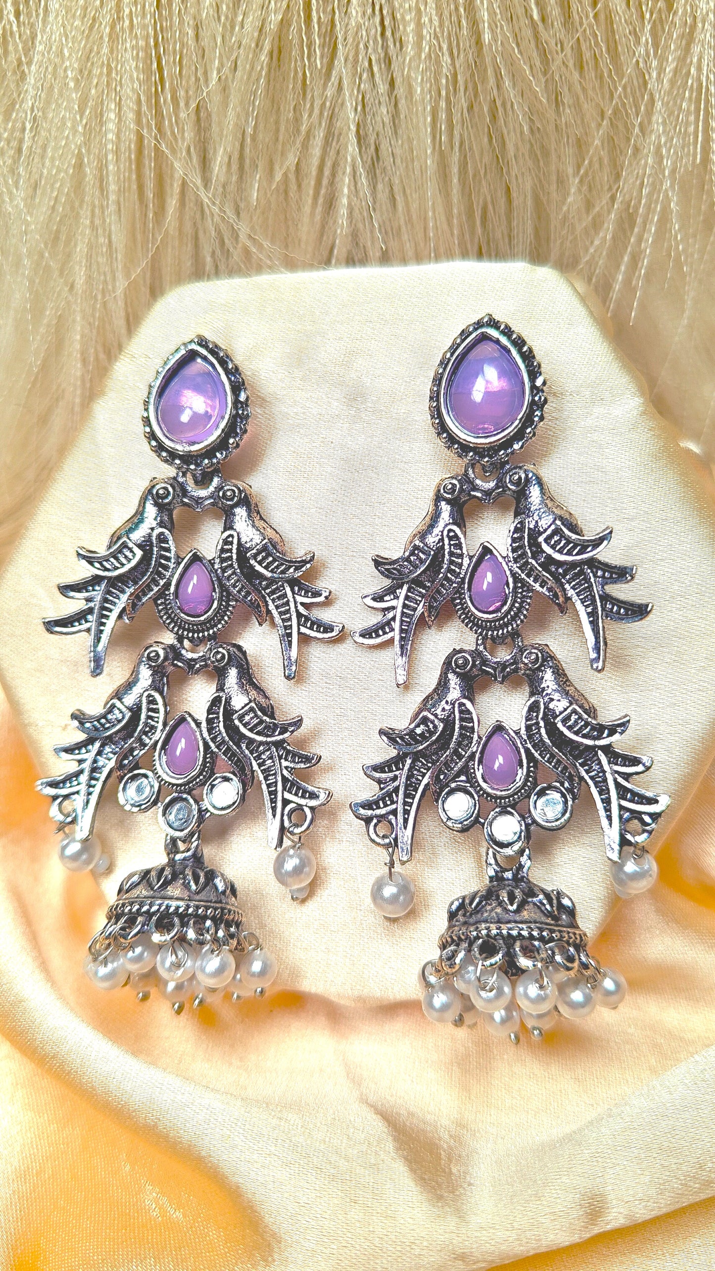 Lavender Sparrow Cascade Oxidised Jhumka Earrings