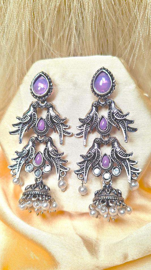 Lavender Sparrow Cascade Oxidised Jhumka Earrings