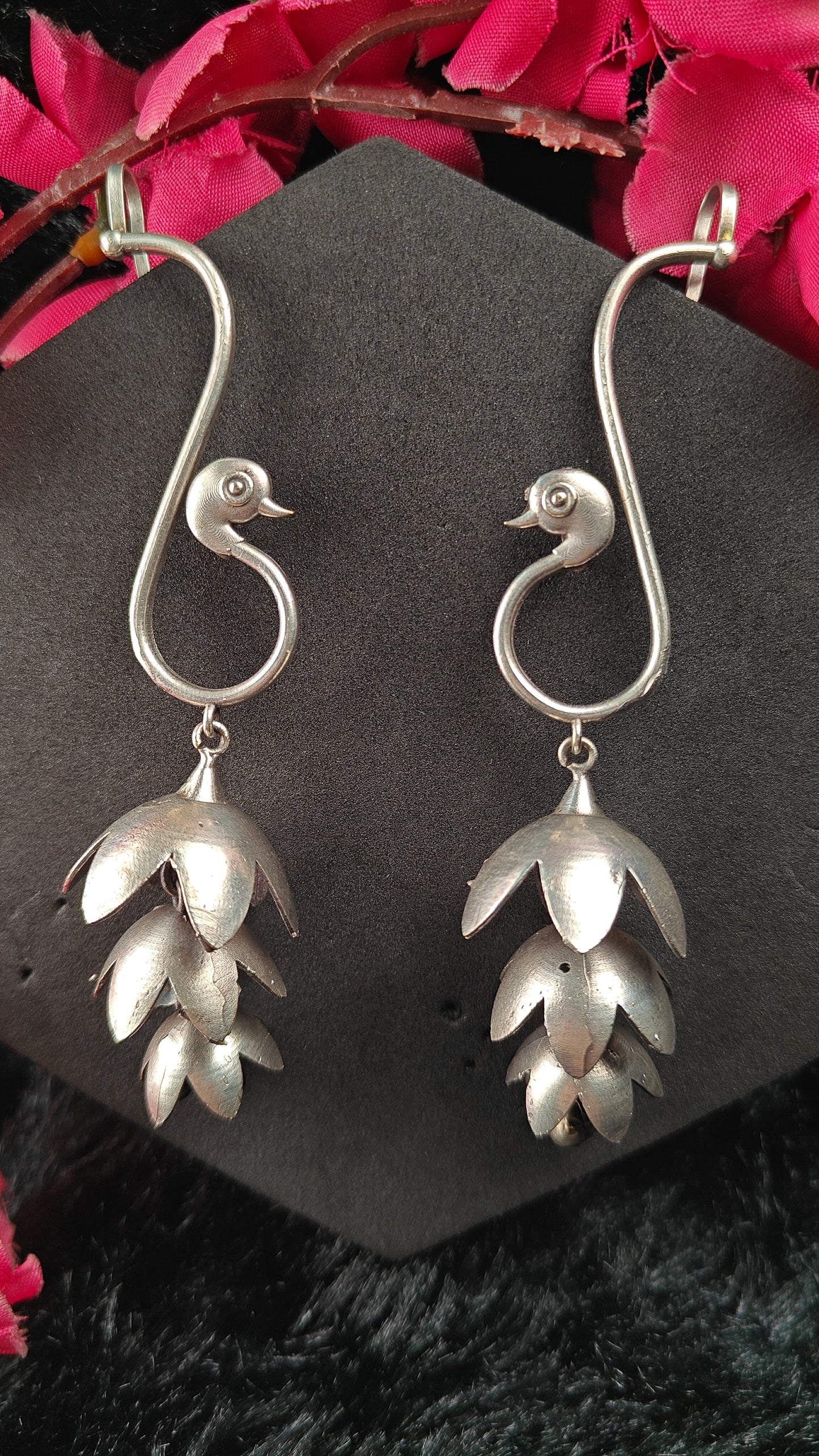 Silver Peacock Bloom Layered Oxidised Ear Cuffs