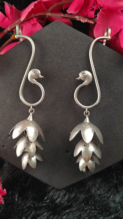 Silver Peacock Bloom Layered Oxidised Ear Cuffs