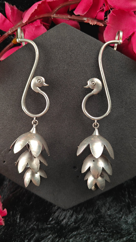 Silver Peacock Bloom Layered Oxidised Ear Cuffs