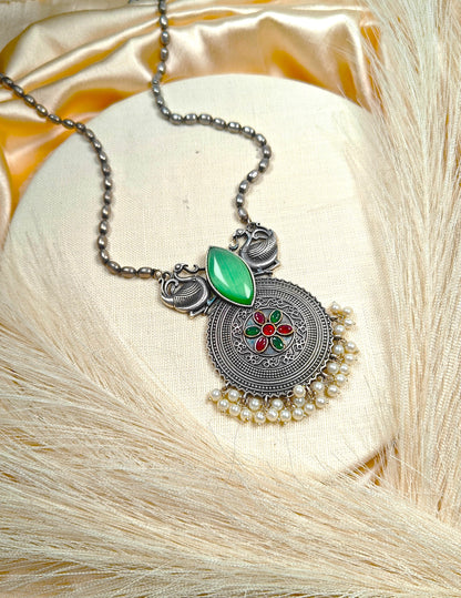 Silver Peacock Necklace Set With Green Stone & Pearl Drops