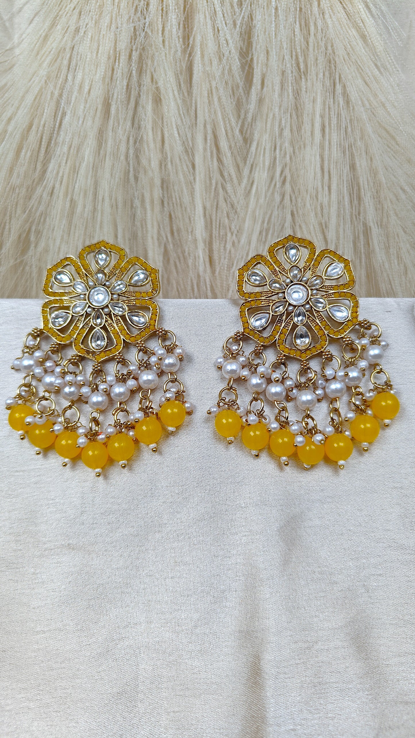 Yellow kundan floral pearl chandbali earrings