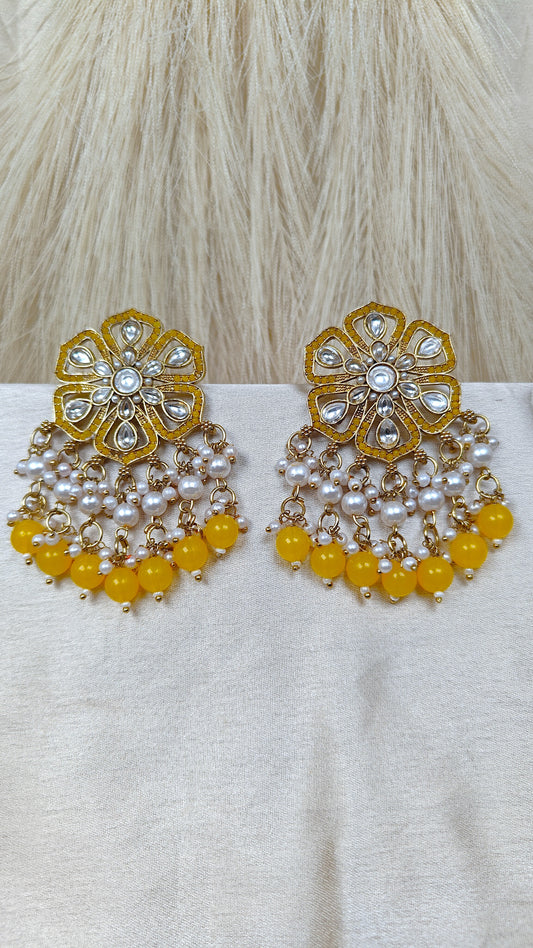 Yellow kundan floral pearl chandbali earrings