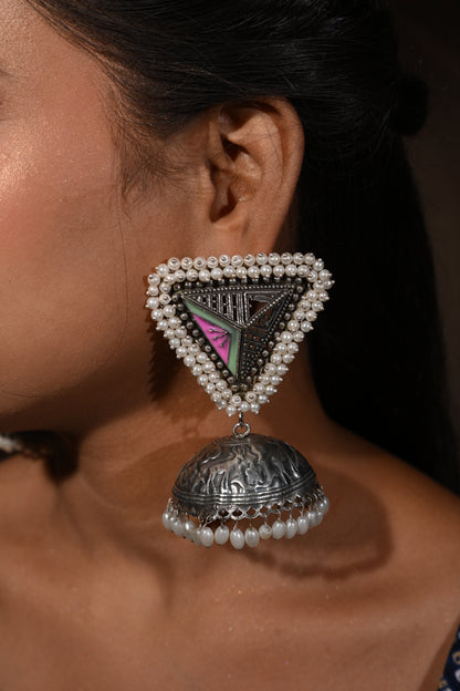 Royal Oxidized Dome Jhumka With Pearl Triangle Stud