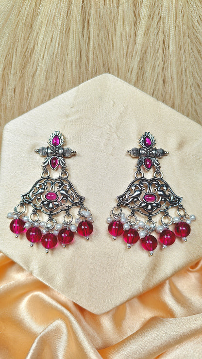 Royal Magenta Oxidised Bird Motif Dangler Earrings