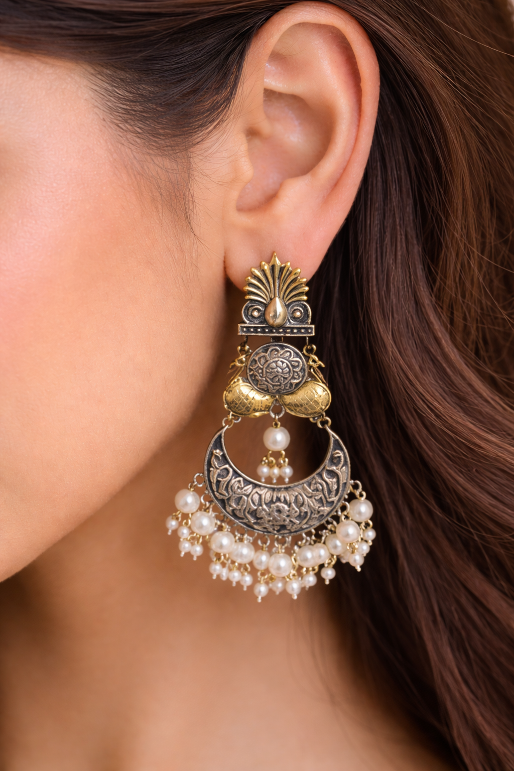 Antique Dual-Tone Peacock Jhumka Earrings With Pearl Clusters