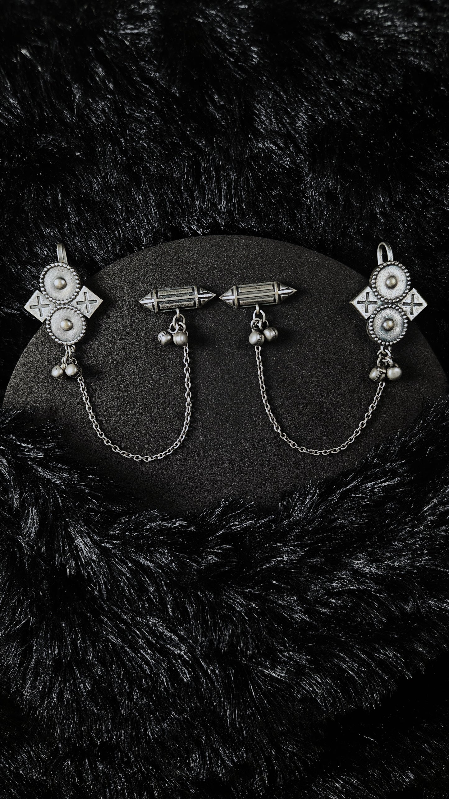 Silver Ear Cuffs With Chain & Dual motif Drops