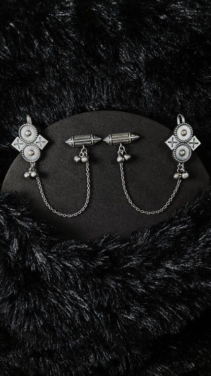 Silver Ear Cuffs With Chain & Dual motif Drops