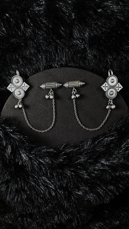 Silver Ear Cuffs With Chain & Dual motif Drops