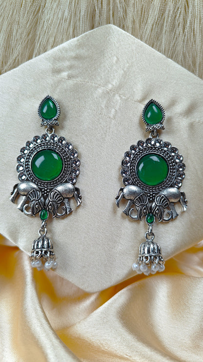 Emerald Elephant Heritage Oxidised Statement Earrings