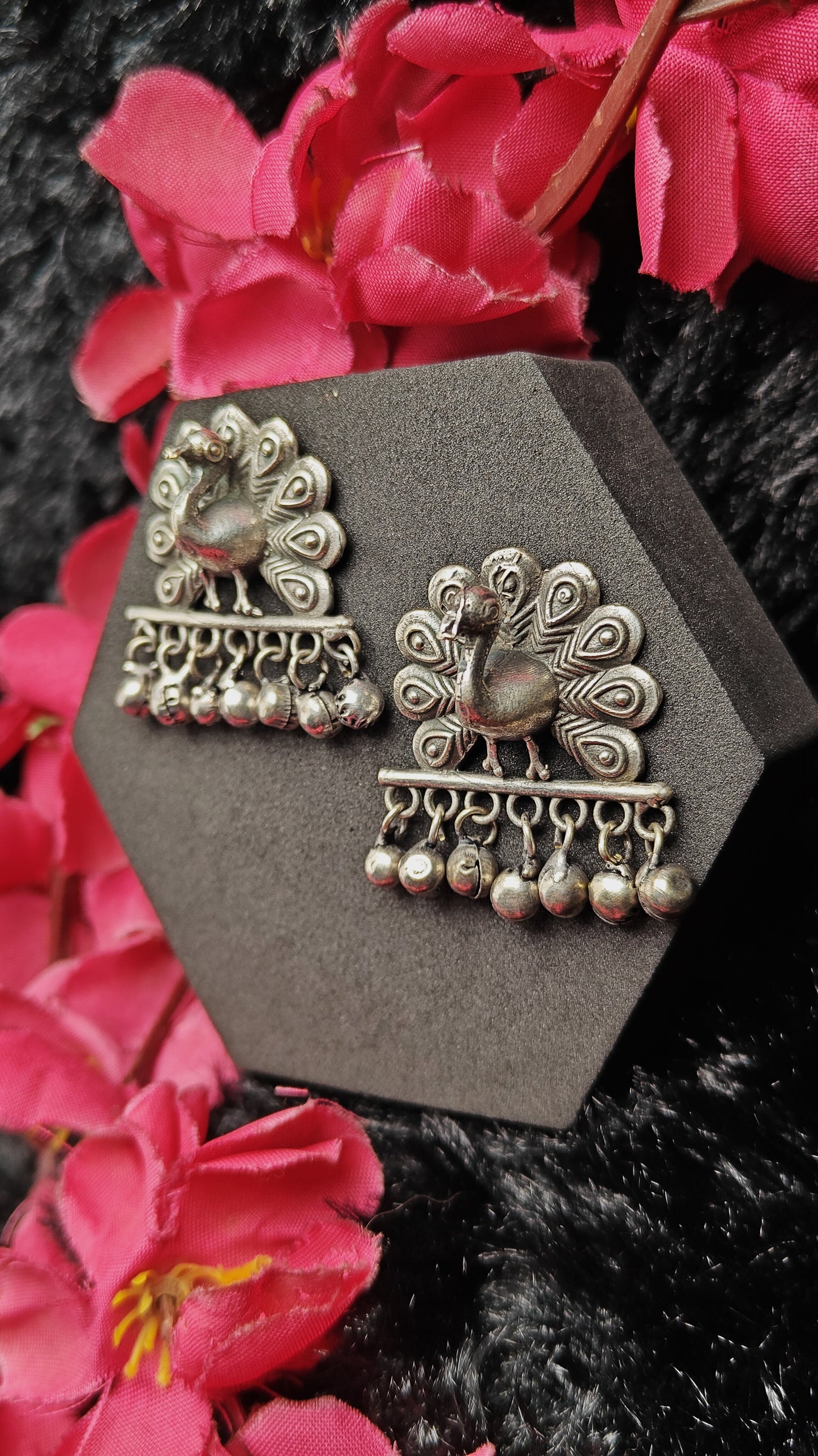 Oxidized silver peacock statement earrings