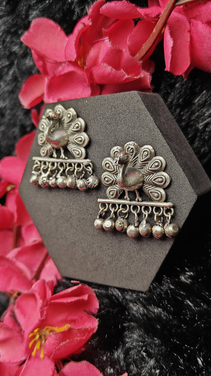Oxidized silver peacock statement earrings
