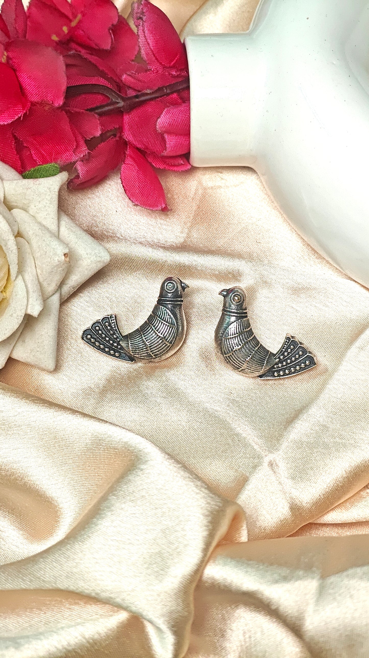 Antique Silver Bird Motif Dangle Earrings