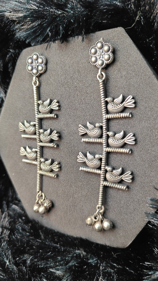 Silver Bird Motif Long Earrings